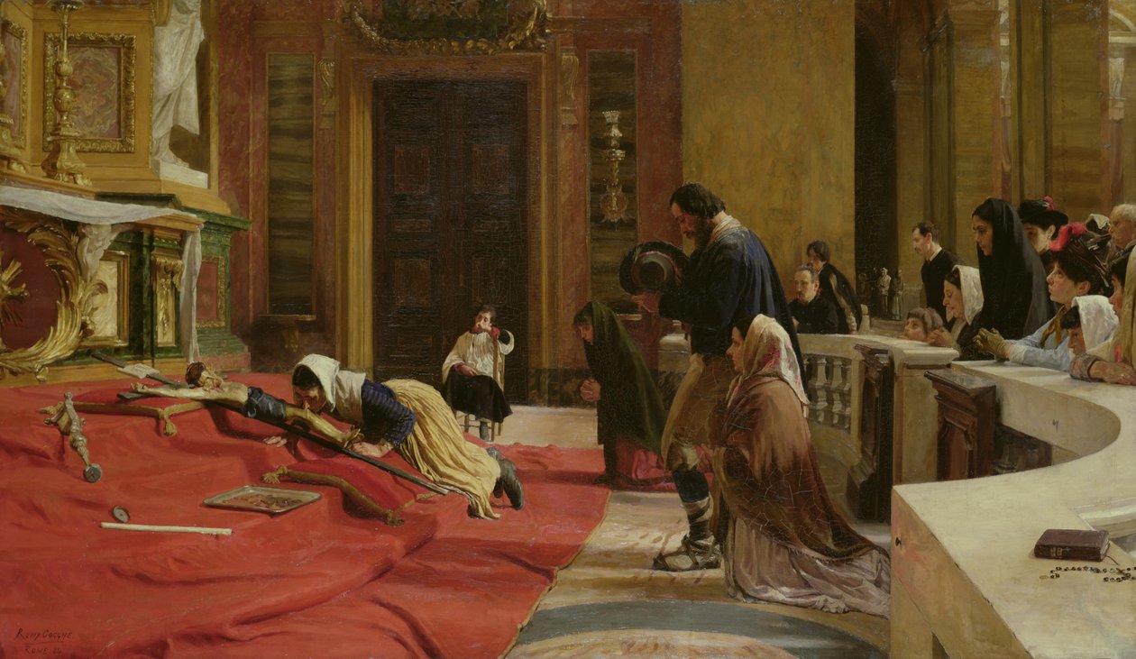 Creeping to the Cross on Good Friday at the church of San Carlo ai Catinari, Rome, 1884 by Remy Cogghe