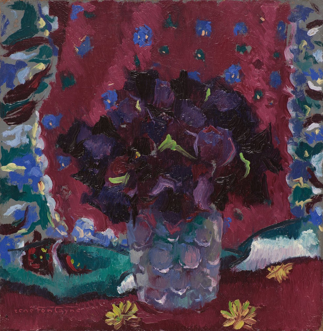 Blue pansies in a glass by René Fontayne