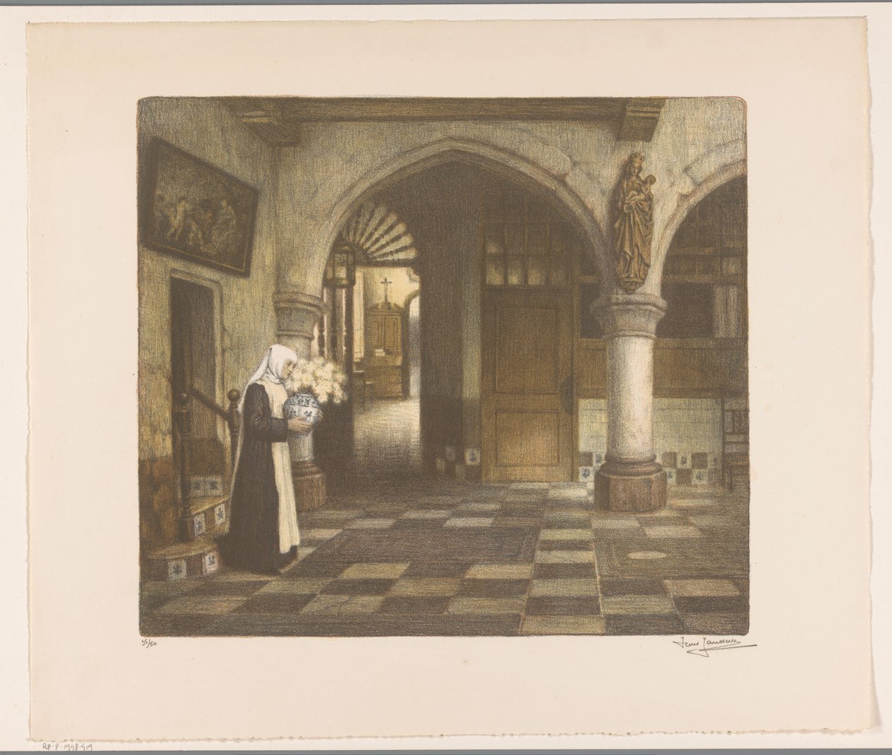 Nun in a Cloister Hall with a Flower Vase by René Janssens (signed by artist)