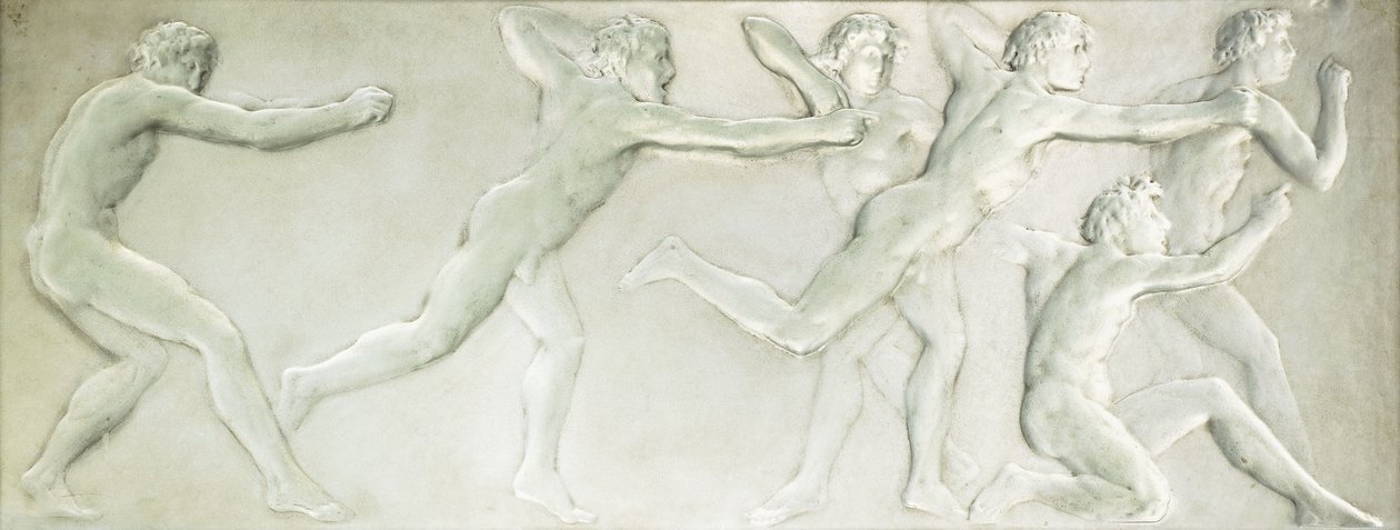 A molded glass figural panel depicting six nude male athletes by Rene Jules Lalique