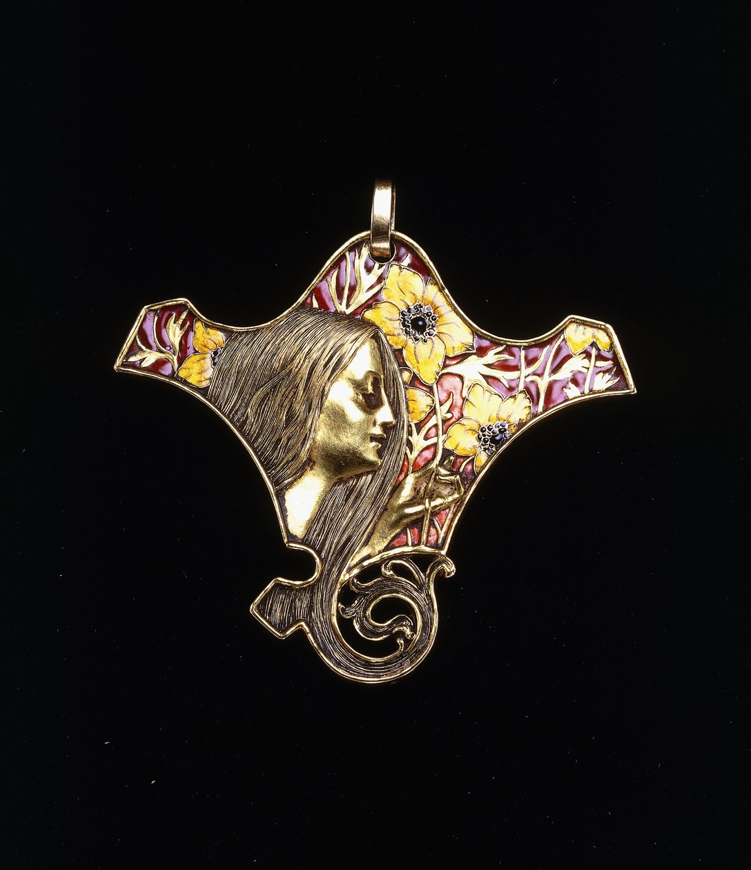 A pendant depicting a young maiden by Rene Jules Lalique