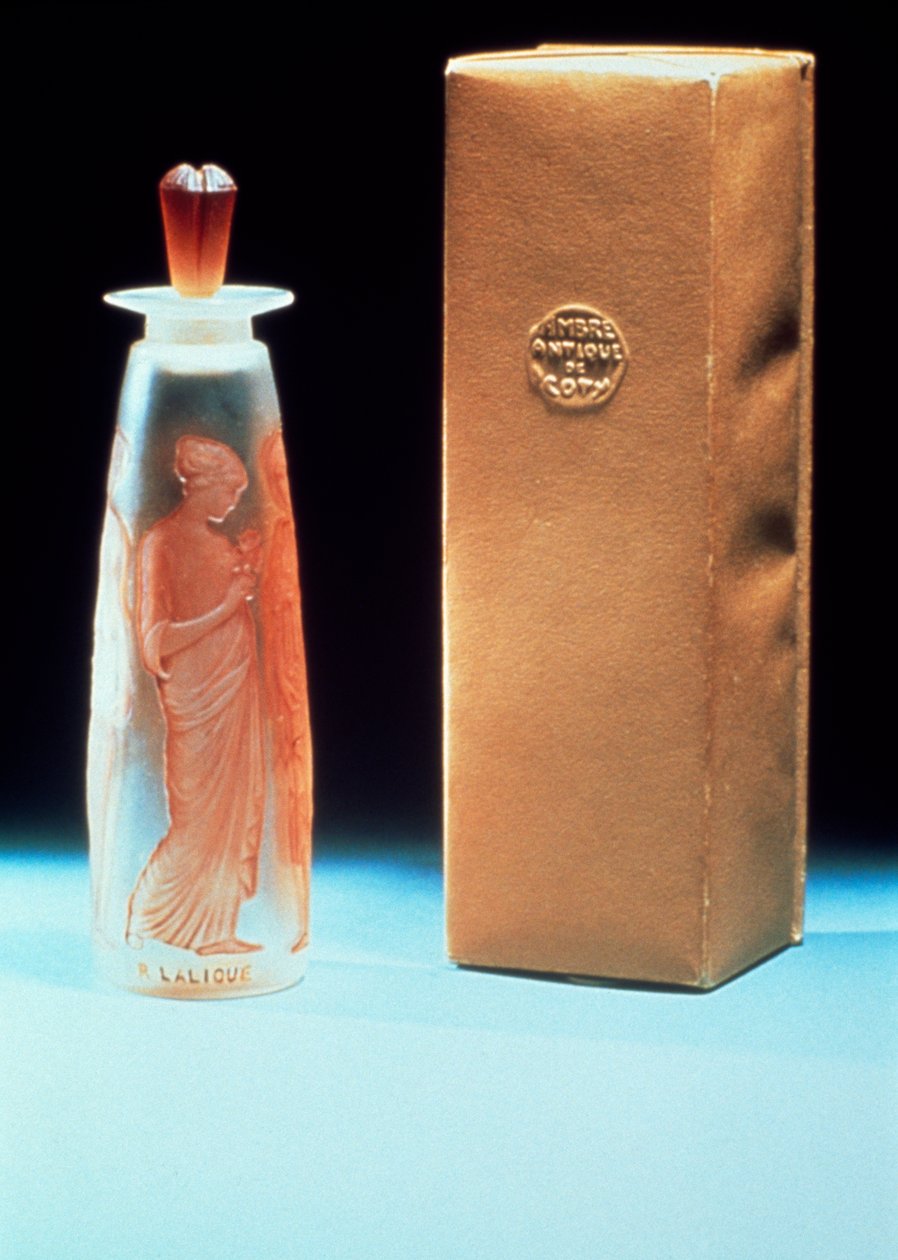 Glass flacon for the perfume Ambre Antique by Coty by Rene Jules Lalique