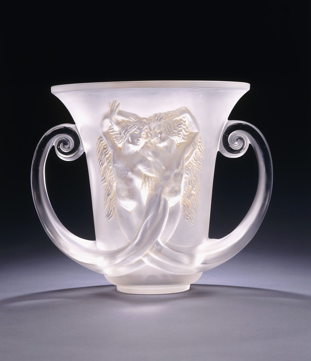 Nadica; a very rare molded glass vase depicting two mermaids, c. 1930s by Rene Jules Lalique