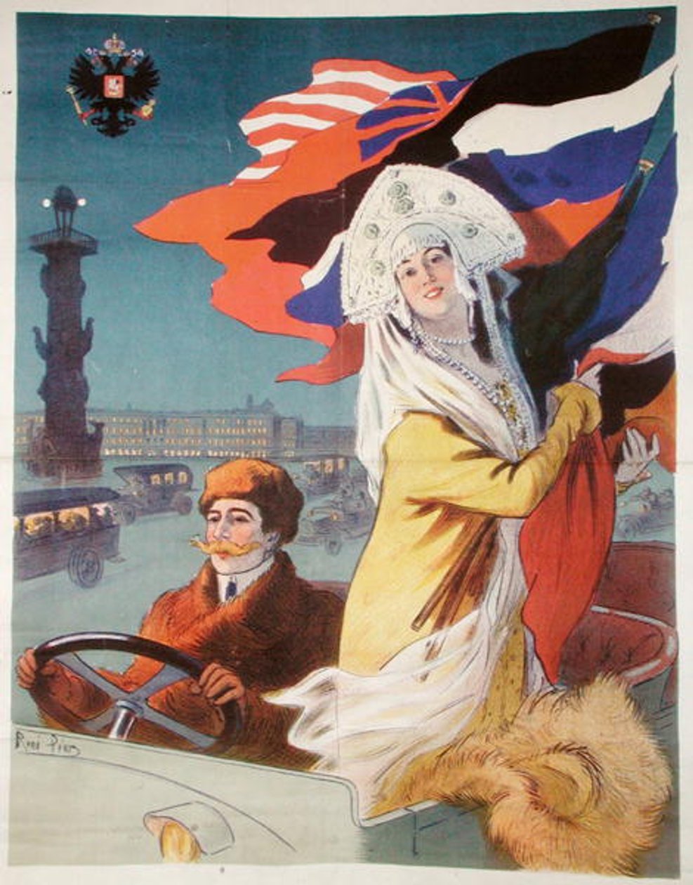 Couple in a motor car in St.Petersburg, poster advertising a French car destined for the Russian market by Rene Pean