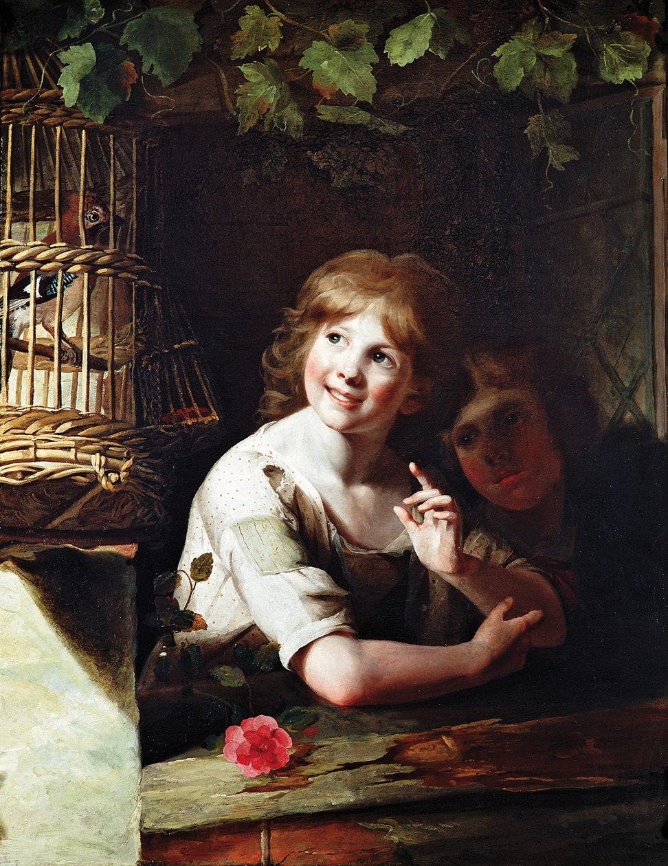 Two Girls with a Jay in a Cage by Rev. Matthew William Peters