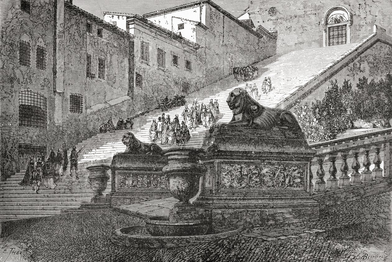 Staircase Leading Up to The Basilica of St. Mary of the Altar of Heaven, Rome, Italy in the Late 19th Century. From Italian Pictures by Rev. Samuel Manning, Published c.1890. by Reverend Samuel Manning