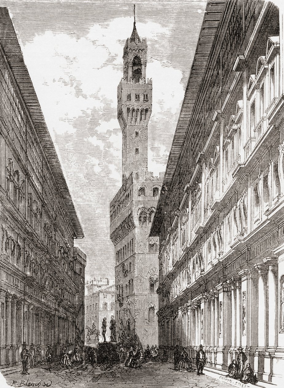 The Uffizi, the Palazzo Vecchio and statuary in Piazza della Signoria, Florence, Italy in the late 19th century by Reverend Samuel Manning