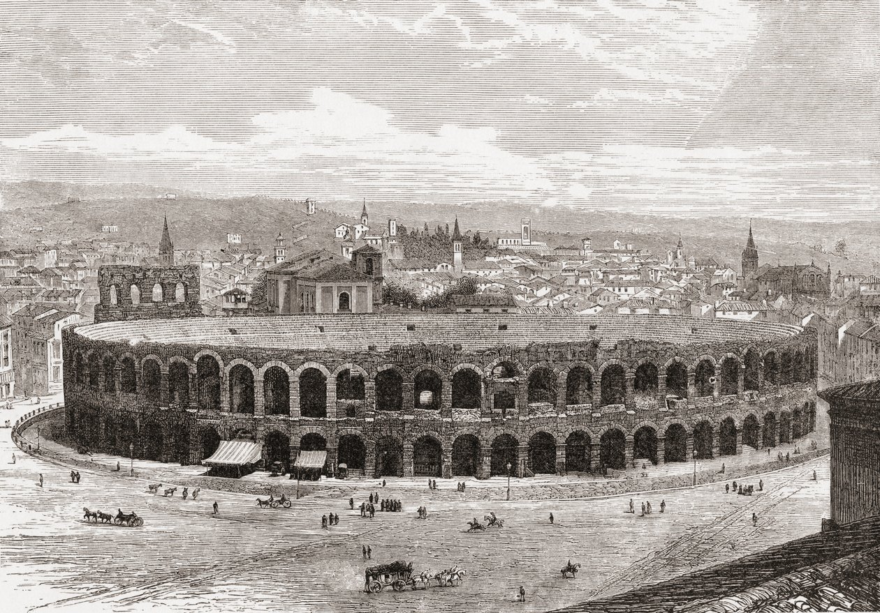 The Verona Arena, Piazza Bra, Verona, Italy in the Late 19th Century. From Italian Pictures by Rev. Samuel Manning, Published c.1890. by Reverend Samuel Manning