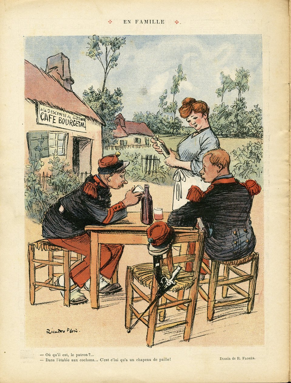 Illustration of Ricardo Flores (1878-1918) in Le Rire, 08/08/08 - Family - Army, Restaurant Cafes, Wine, Alcohol Alcoholic - Coffee Boy, Waitresses, Soldiers by Ricardo Flores