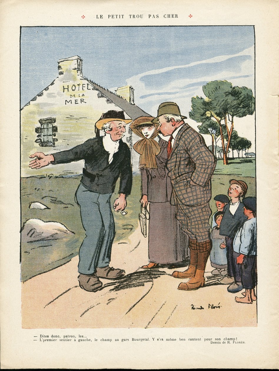 Illustration of Ricardo Flores (1878-1918) in Le Rire, 20/07/12 - The cheap little hole - Countryside, Fashion, Maritime Marine Seaside, Men