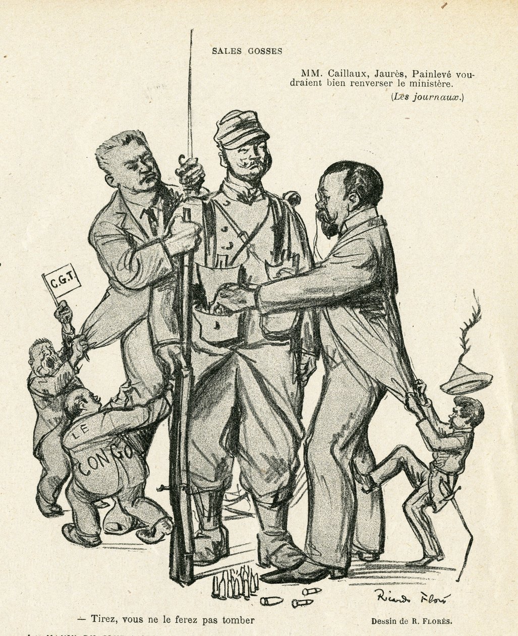 Illustration of Ricardo Flores (1878-1918) in Le Rire, 21/06/13 - Sales kidses - Army, Military Service, Socialism - Jaures Jean, Caillaux Joseph (1863-1944), Painleve Paul (1863-1933) by Ricardo Flores