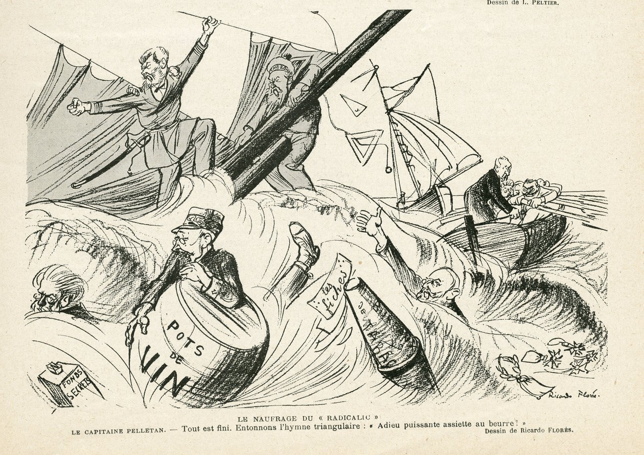 Illustration of Ricardo Flores (1878-1918) in Le Rire, 25/05/12 - The Shipwreck of Radicalism - Radicalism, Maritime Marine Seaside, Smoking, Yachting, Tobacco - Combes Emile (1835-1921), Andre Louis (1838-1913), Pelletan Camille (1846-1915) - Graphic Paro by Ricardo Flores
