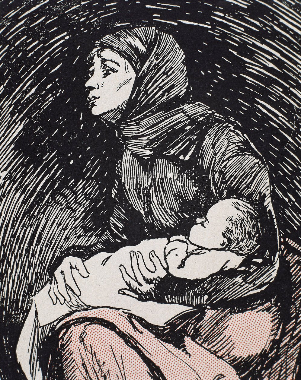 Christmas Eve. 1900. A skinny woman with her child in her arms (engraving) by Ricardo Maria Navarrete