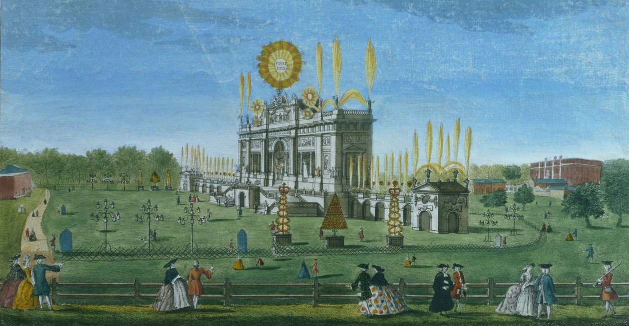 A Perspective View of the Building for the Fireworks in the Green Park, Taken from the Reservoir, Engraved by Paul Angier by Richard Brookes