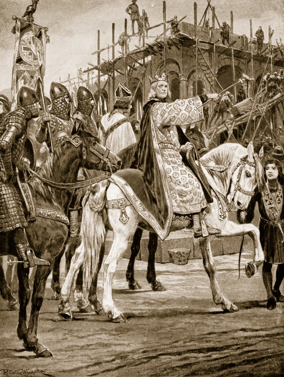 Edward the Confessor watching the building of Westminster Abbey, the first Norman church erected in England, illustration from 
