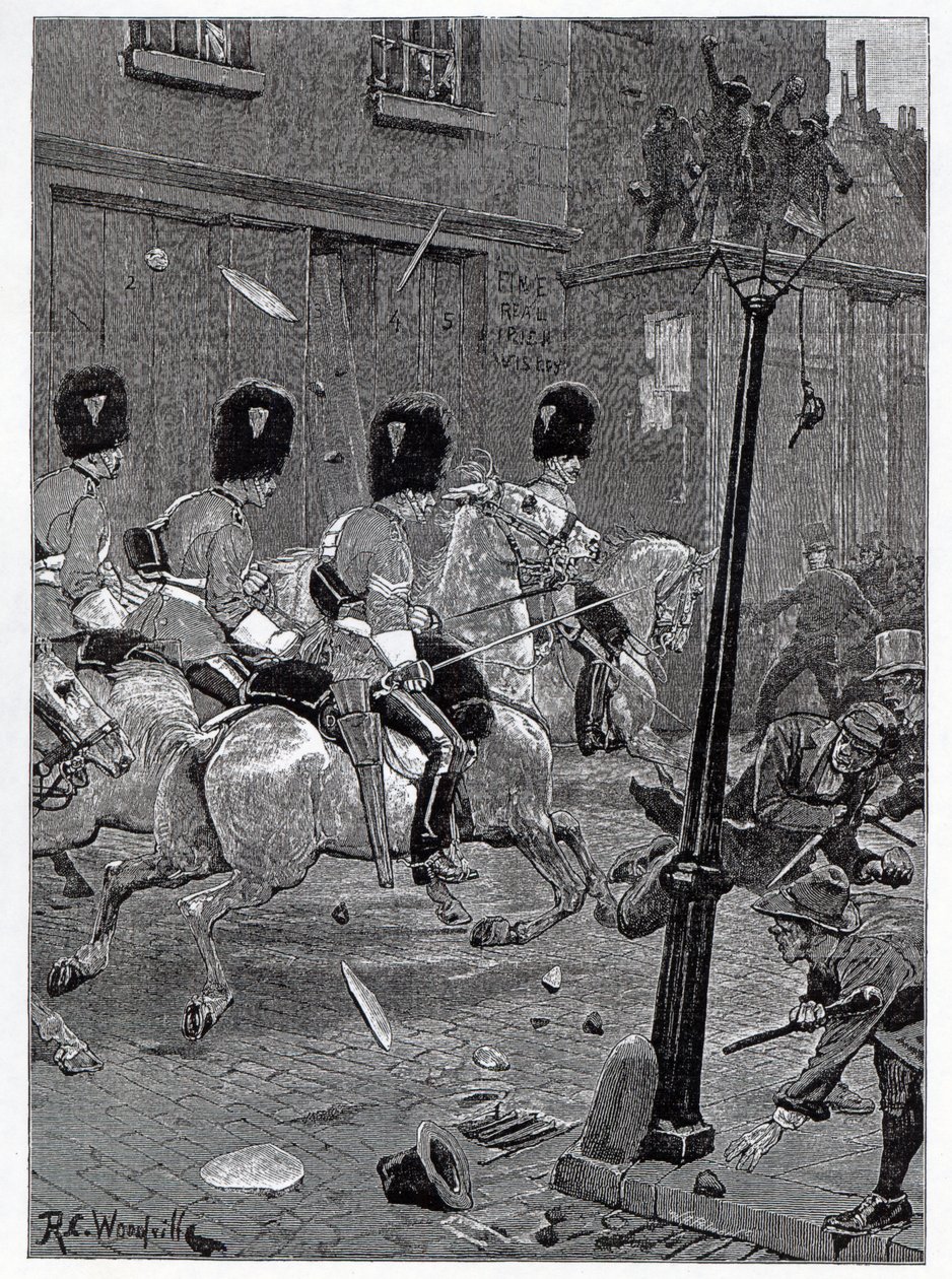 The Irish Land League Agitation: Scots Greys charging the mob at Limerick, illustration from 