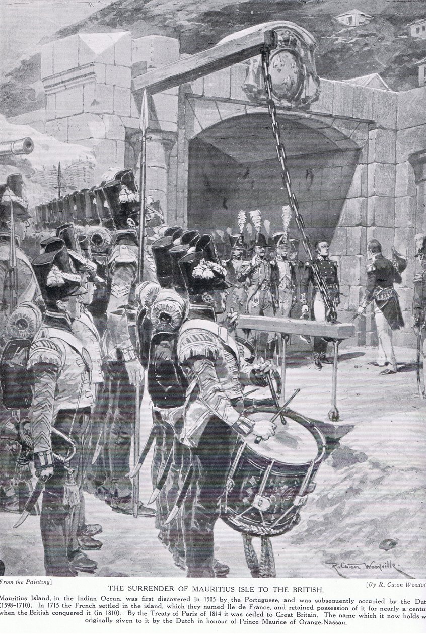 The surrender of Mauritius Isle to the British in 1810, illustration from 