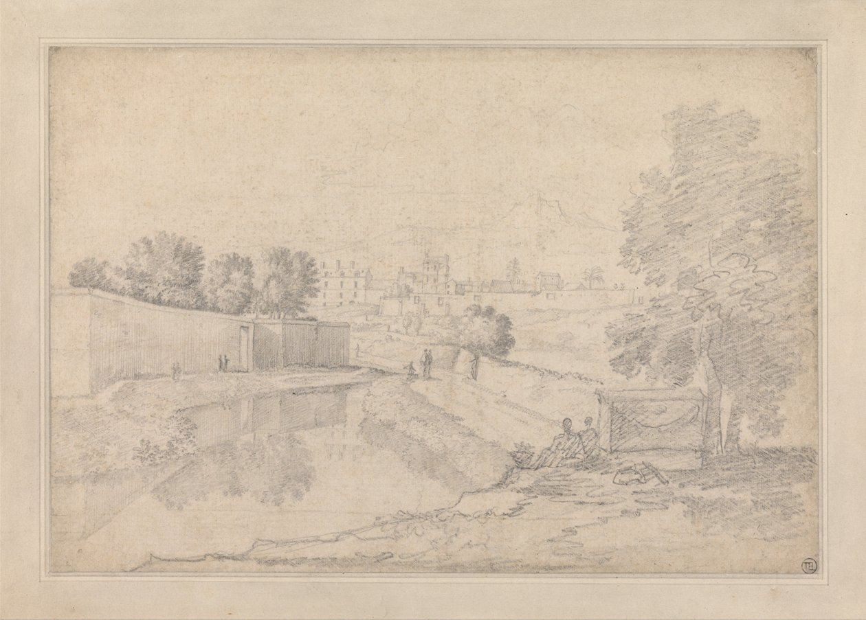 Italian Landscape with River Running Between High Wall at Left and High Bank at Right Towards a Small... by Richard Wilson