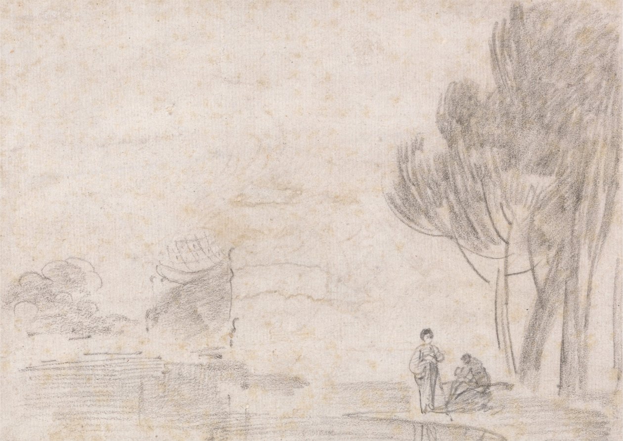 Ruined Temple of Minerva, Two Figures on River Bank by Richard Wilson