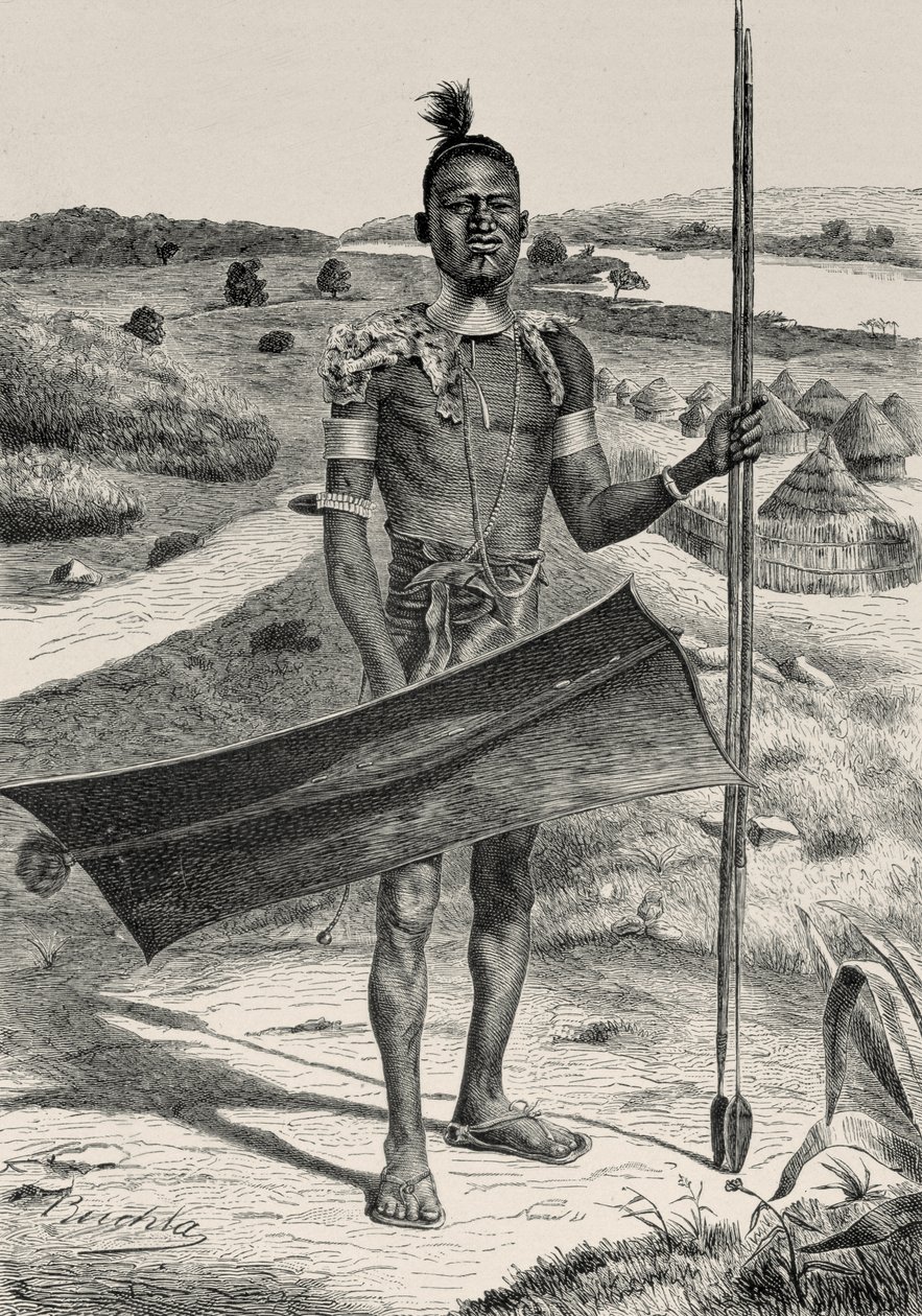 Shuli Warrior Fully Equipped: Village in Background, from The History of Mankind by Prof. Friedrich Ratzel by Richard Buchta