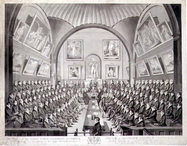 The Lord Mayor, Aldermen and Common Council in the Council Chamber Guildhall, London, Engraved by Thomas Sutherland by Richard (after) Dighton
