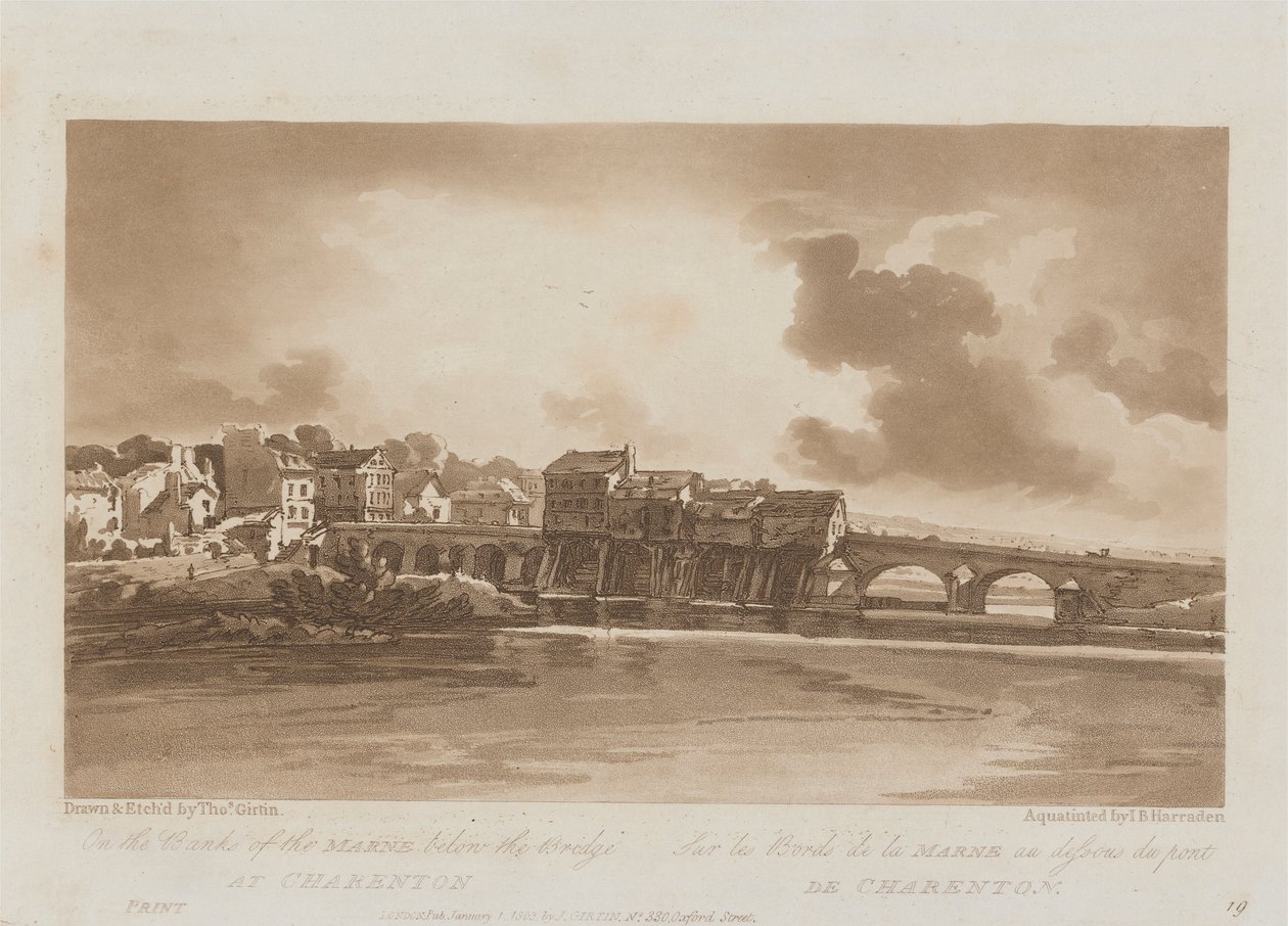 On the Banks of the Marne below the Bridge at Charenton 1803; Plate 19 from Views in Paris, the Emanuel Volume by Richard Banks Harraden