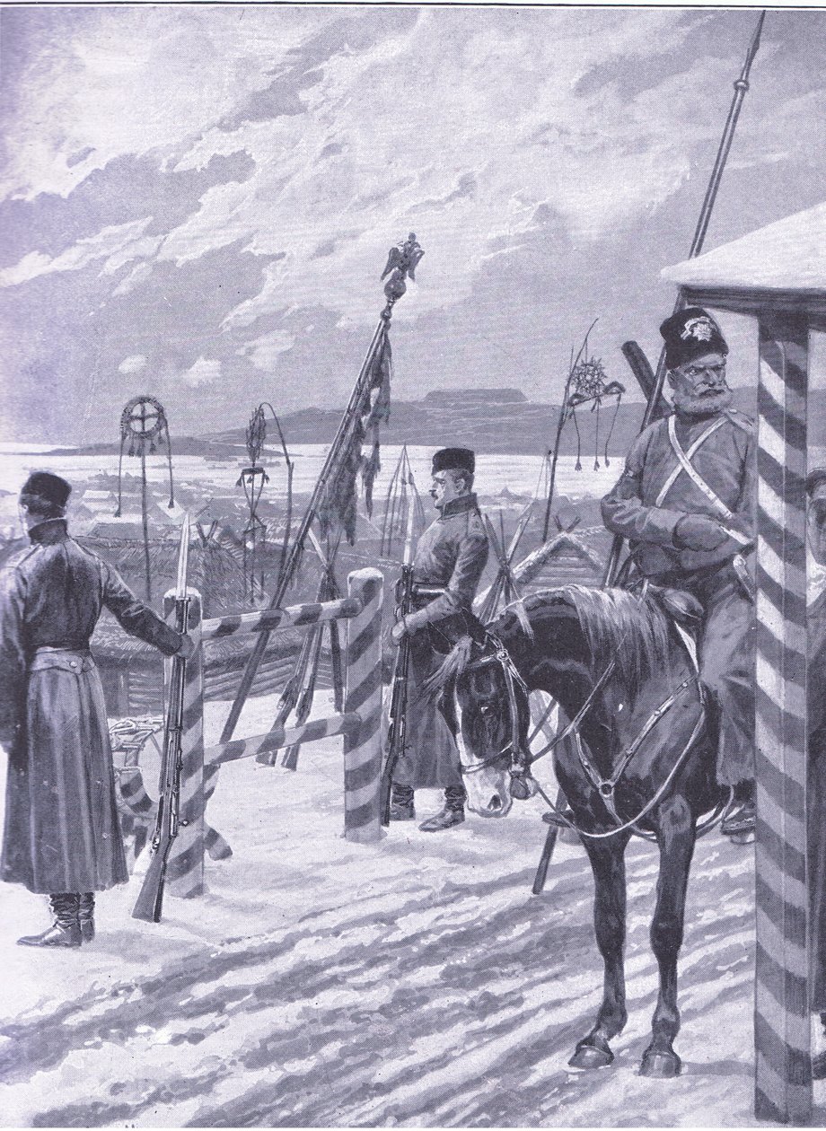 A Cossack Station in Manchuria with Tribal Signs Over the Men