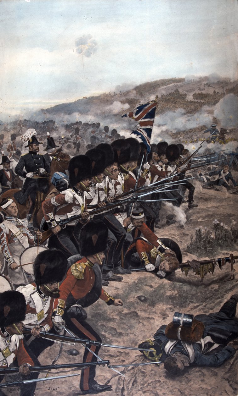 A Line of Coldstream Guardsmen with Fixed Bayonets Advancing Under Fire Towards the Enemy, Battle of Alma, Crimean War, 1896 by Richard Caton Woodville