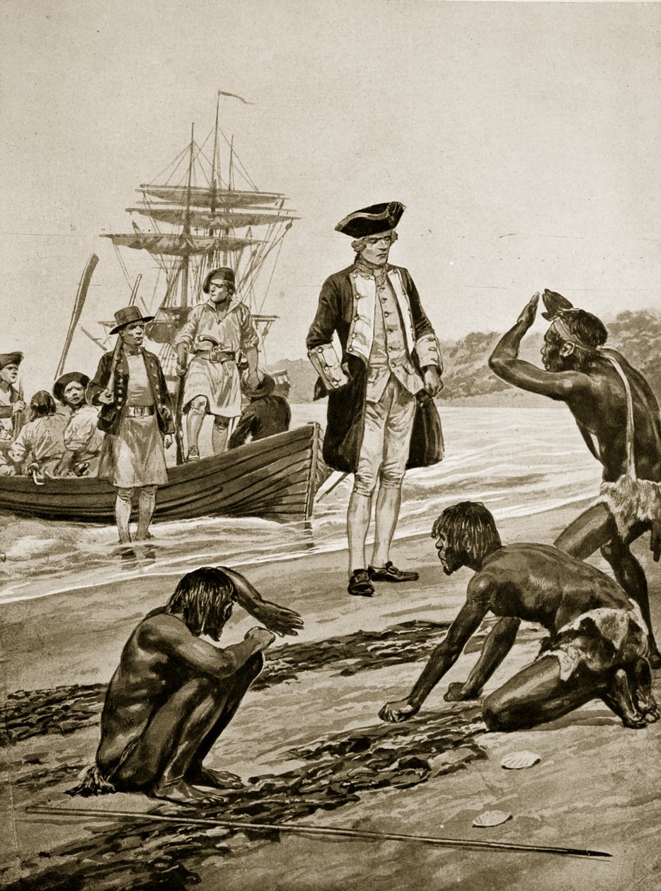 Captain Cook landing in Tasmania, 1777, illustration from 
