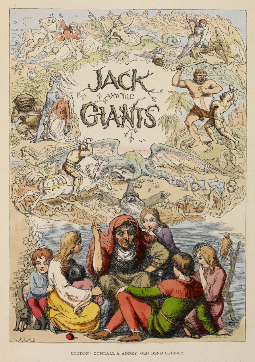 Illustrated title page showing an old person telling stories to children. by Richard Doyle
