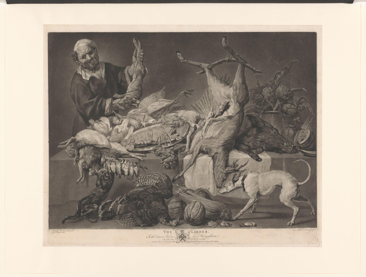 Merchant Displays Game, Artichokes, Pumpkins, and a Lobster (title on object: The Larder) by Richard Earlom
