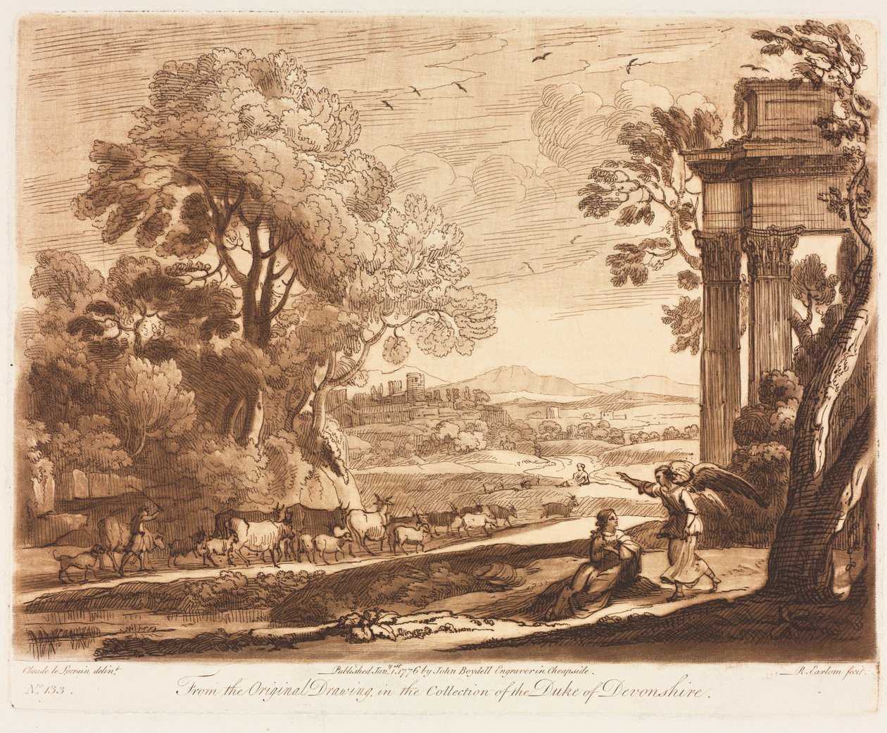 Liber Veritatis: No. 133, A Landscape, with Cattle, and the Angel Comforting Hagar, 1776 by Richard Earlom