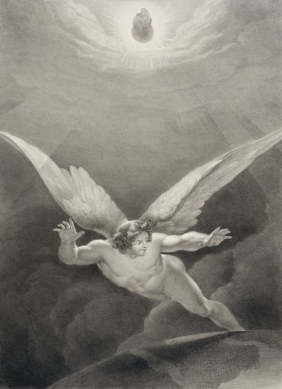 Satan leaps over the walls of Heaven, from a French edition of ...