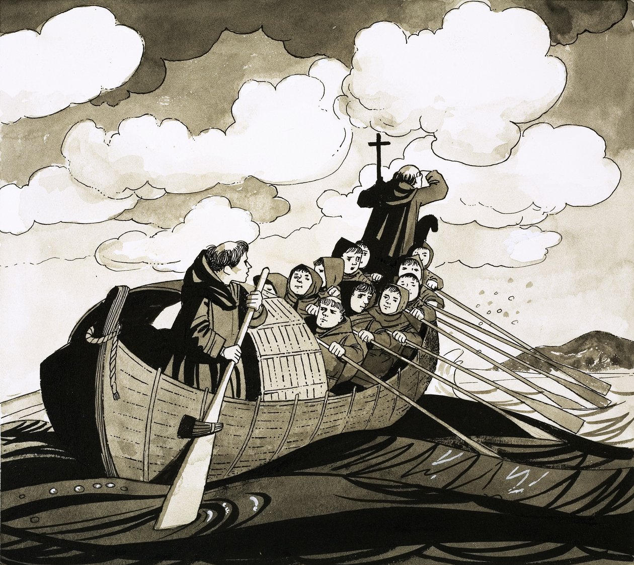 Unidentified Group of Monks Rowing Towards an Island by Richard Hook