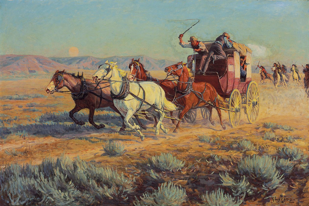 Stagecoach Pursued by Mounted Indians, 1912 by Richard Lorenz