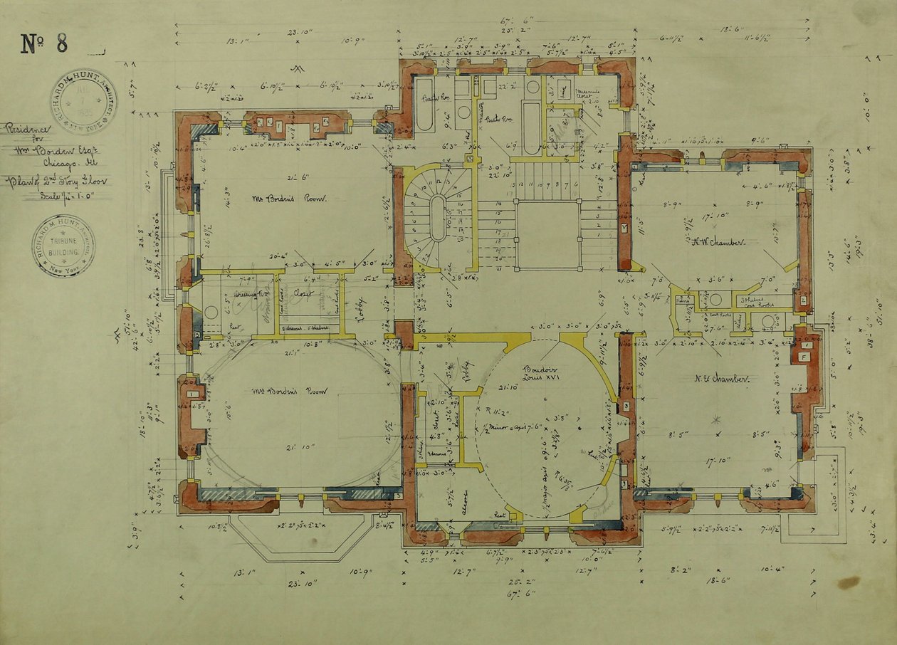 William Borden Residence, Chicago, Illinois, Second Story Plan by Richard Morris Hunt