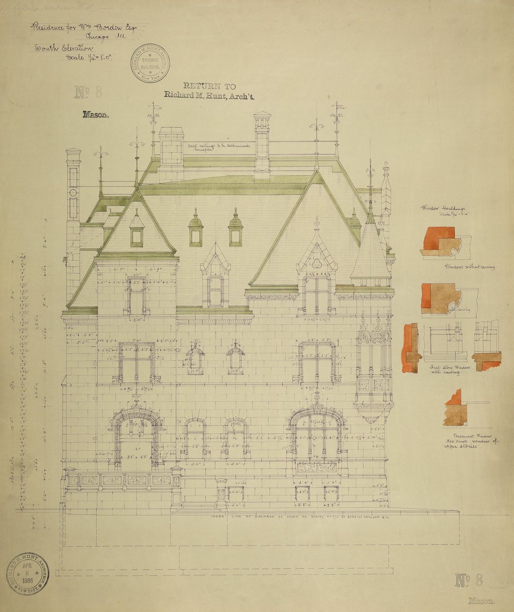 William Borden Residence, Chicago, Illinois, South Elevation by Richard Morris Hunt