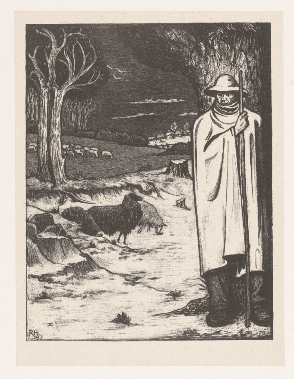 Shepherd with a Flock of Sheep in a Hilly Landscape by Richard Nicolaüs Roland Holst