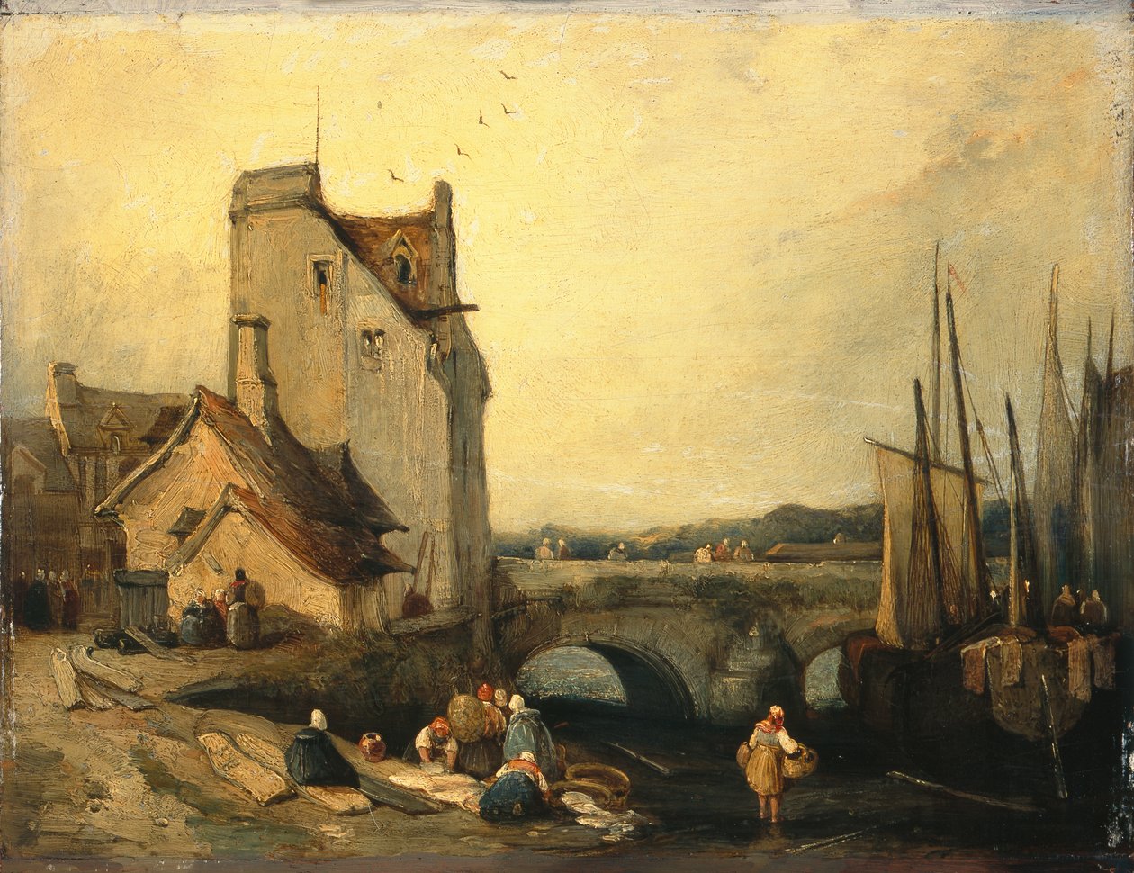 View in Brittany: Bridge, Cottages and Washerwoman by Richard Parkes (attr. to) Bonington