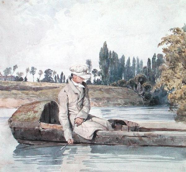A Man Fishing from a Boat on a River by Richard Parkes Bonington