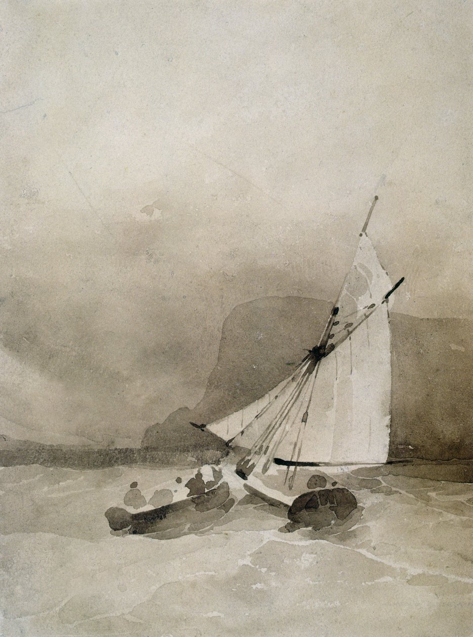 A Sailing-vessel and a Rowing-boat in rough seas off Beachy Head, Sussex by Richard Parkes Bonington