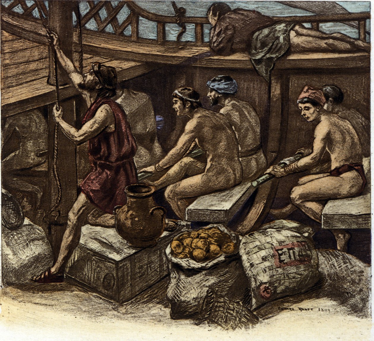 The life of the galerians aboard a Greek galley in Antiquity. Illustration by Richard Ranft 1909 by Richard Ranft