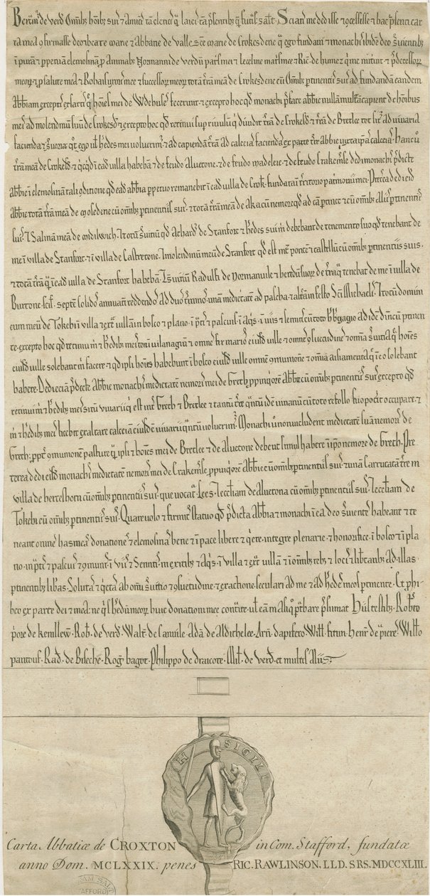 Croxden Abbey - Foundation Charter: Engraving by Richard Rawlinson