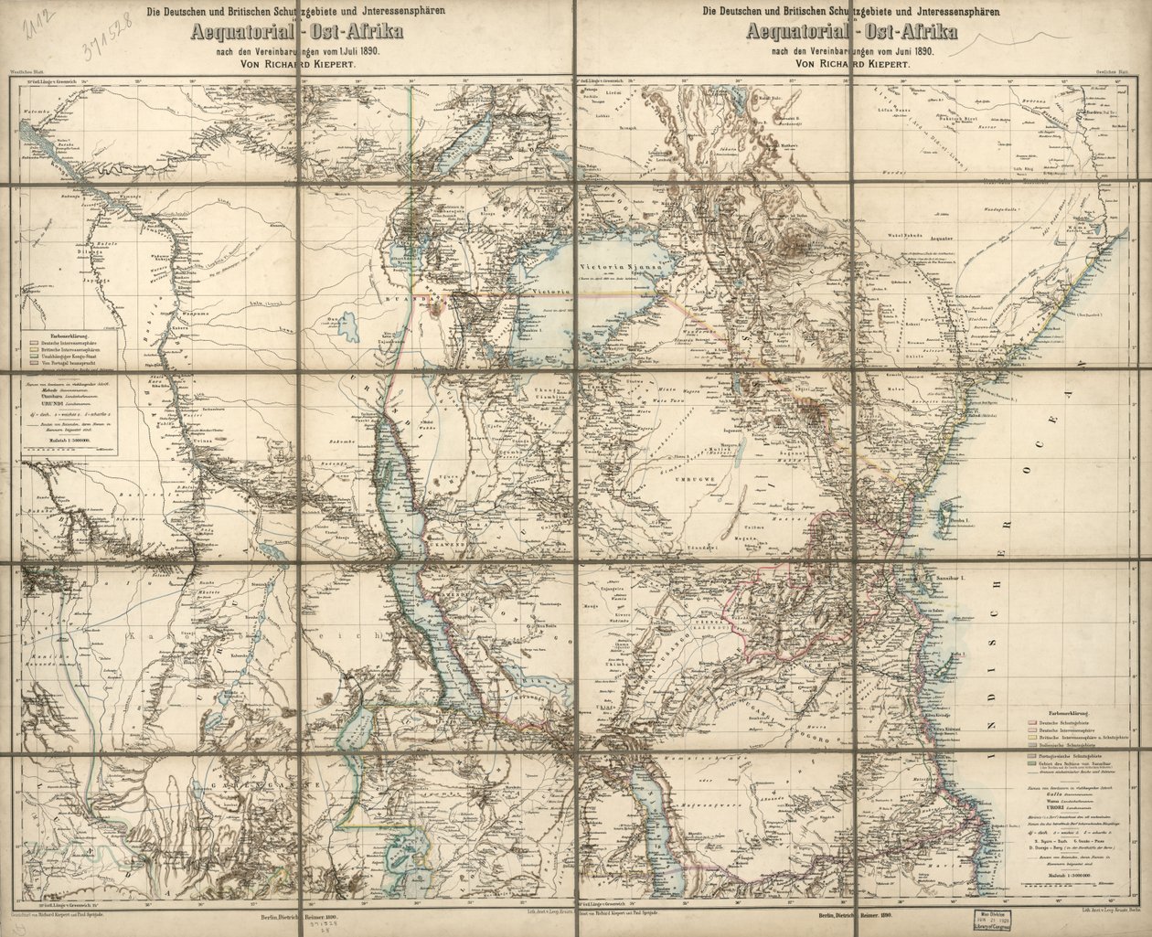 The German and British Protectorates and Spheres of Interest in Equatorial East Africa: According to the Agreements of June 1890 by Richard; Sprigade Kiepert