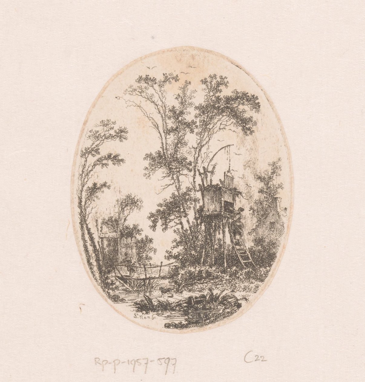 Landscape with Wooden Structure on Piles, Woman on a Bridge to the Left by Richard de Saint Non