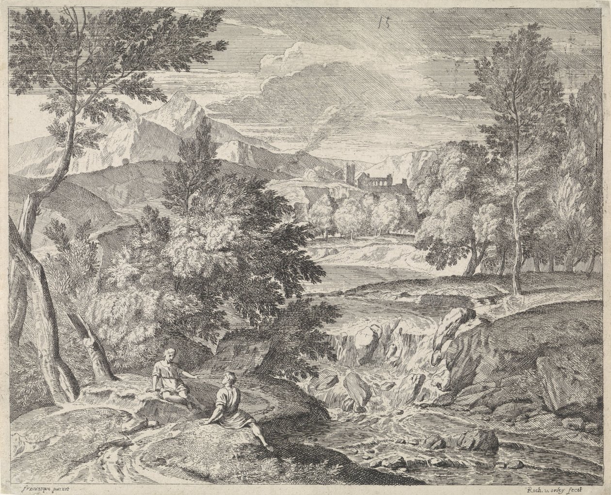 Arcadian Landscape with Two Figures by a Waterfall by Richard van Orley (II)