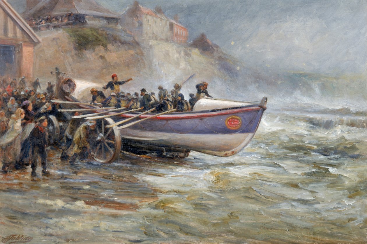 Launching the Cullerboats Lifeboat, 1902 by Robert Jobling