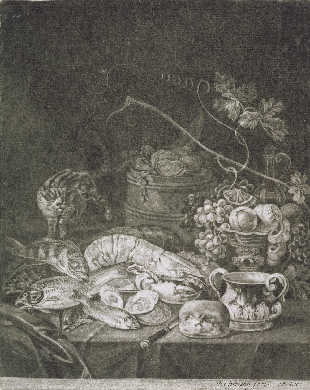 Banquet Piece with Lobsters, Fish and Cat by Robert Robinson