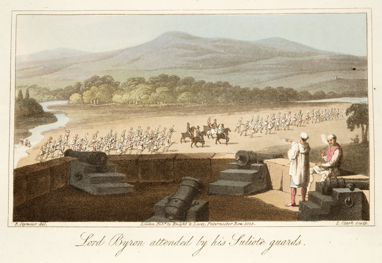 Lord Byron attended by his Suliote Guards, from The Last Days of Lord Byron by William Parry, pub. 1825 by Robert Seymour