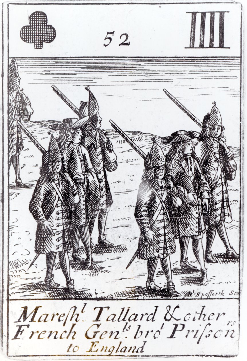 Marshal Tallard and Other French Generals Brought Prisoners to England, Four of Clubs Playing Card from a Set Commemorating the War of the Spanish Succession by Robert Spofforth